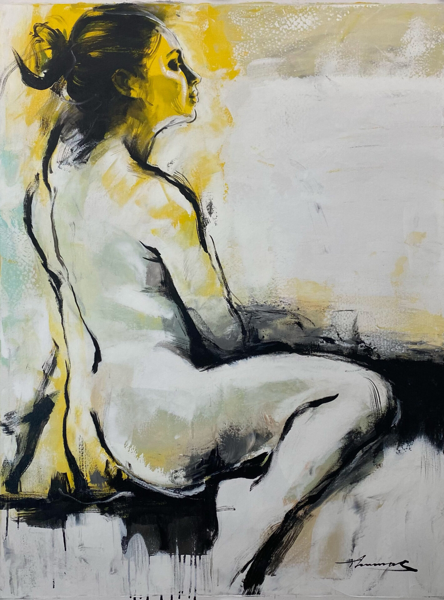 Image of a painting depicting a raw and sensual female nude, with bold strokes and lines capturing her essence with confidence and sophistication