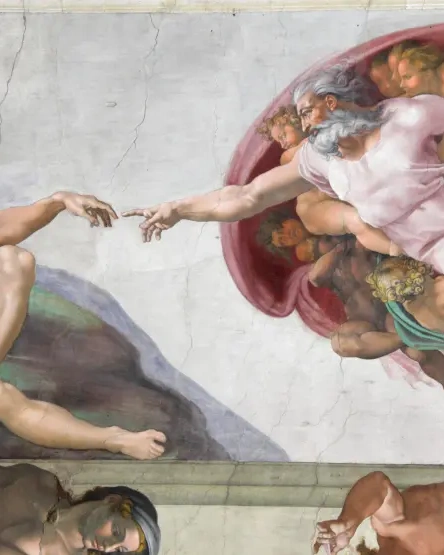 Michelangelo's 'The Creation of Adam' with God and Adam's fingers nearly touching on the Sistine Chapel ceiling