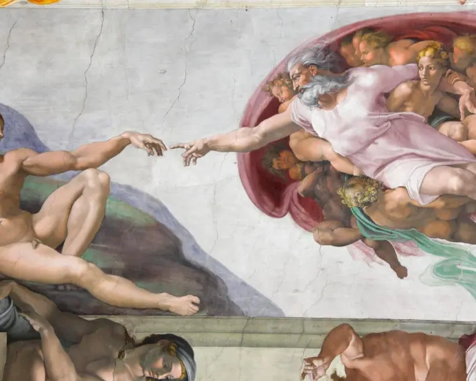 Michelangelo's 'The Creation of Adam' with God and Adam's fingers nearly touching on the Sistine Chapel ceiling