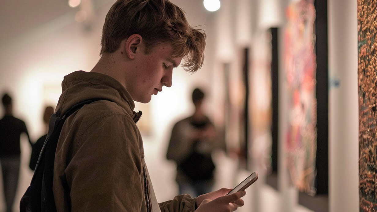 Teenager looking at the phone at an exhibition